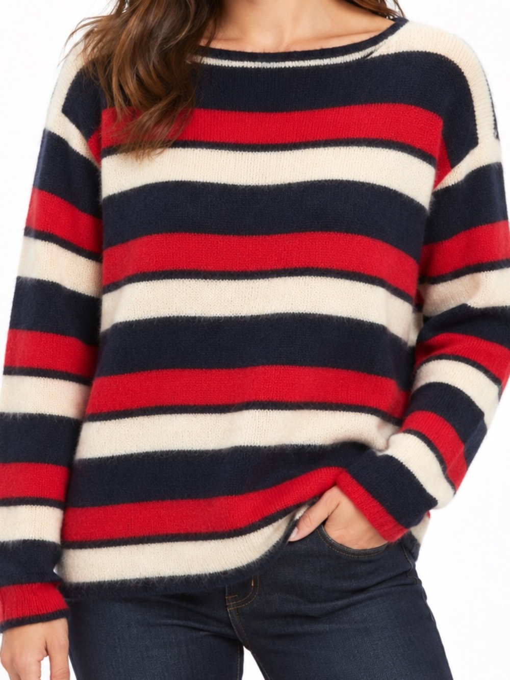 Tory Burch 100% Baby Alpaca Striped Sweater Navy Red Cream Large